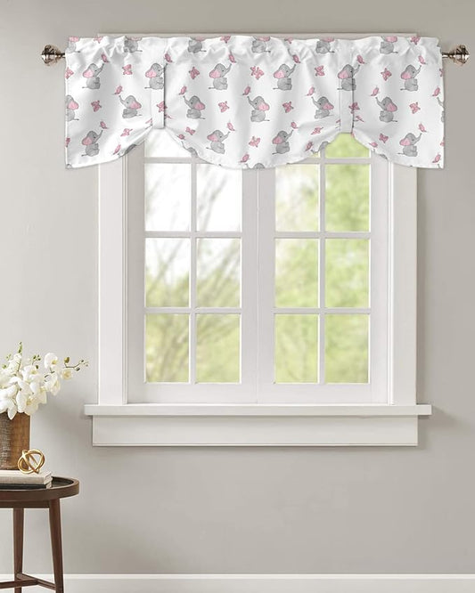 Tie Up Valance for Kitchen Living Room Farmhouse - Cute Girly Pink Baby Elephant and Butterfly Rod Pocket Adjustable Tie-up Shade Valance for Small Window, Balloon Drape Valance 60x18 inches