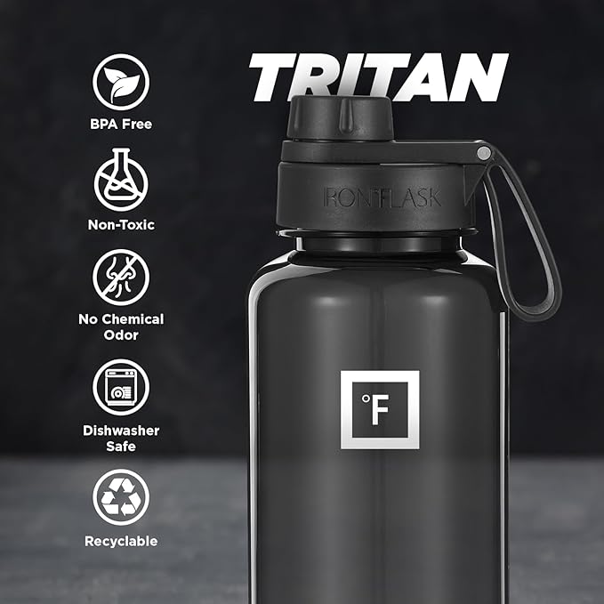 IRON °FLASK Clear Tritan Trekker Water Bottle with Chug Lid & Rubber Boot - Leak Proof & Lightweight for Gym, Hiking, Sports - Dishwasher Safe, BPA Free Plastic - Black, 32 Oz