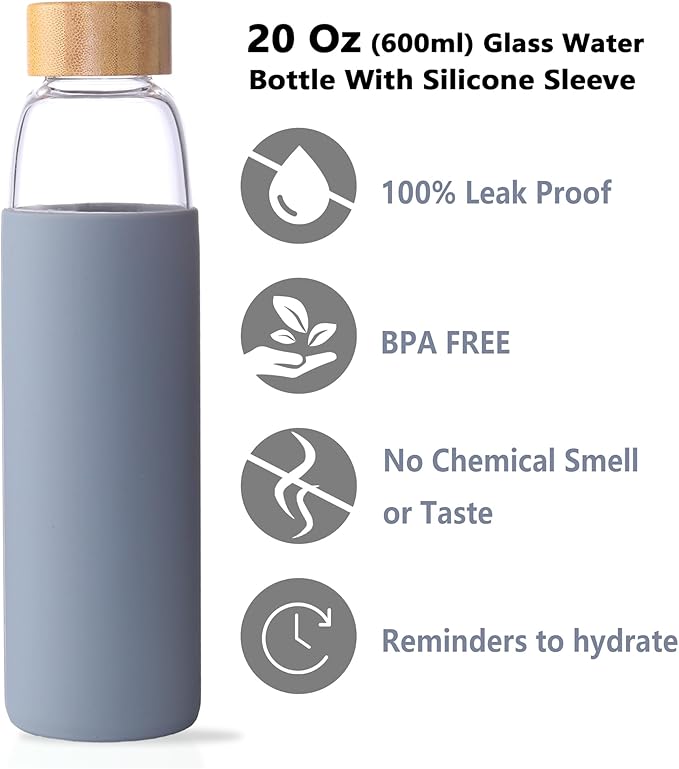 Laster Glass Water Bottle 20 Oz, 600 ml, made of Borosilicate Glass, 1 Bamboo & 1 Stainless Steel Lid, BPA Free, Non-Slip Silicone Sleeve (Grey)