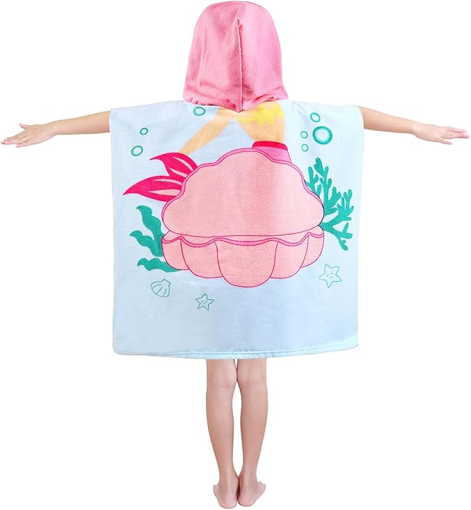 Kids Blue Mermaid Hooded Beach Towel Girls Cute Poncho Pool Towels with Hood 24*47 in Soft Microfiber Swim Cover-ups Kids Ages 3-10 Thick Absorbent Cotton Hooded Bath Towel Wrap Bathrobe