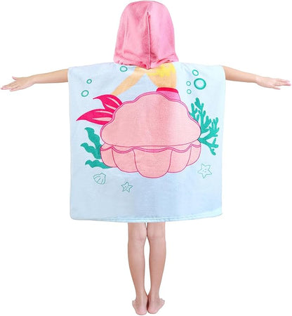 Kids Blue Mermaid Hooded Beach Towel Girls Cute Poncho Pool Towels with Hood 24*47 in Soft Microfiber Swim Cover-ups Kids Ages 3-10 Thick Absorbent Cotton Hooded Bath Towel Wrap Bathrobe