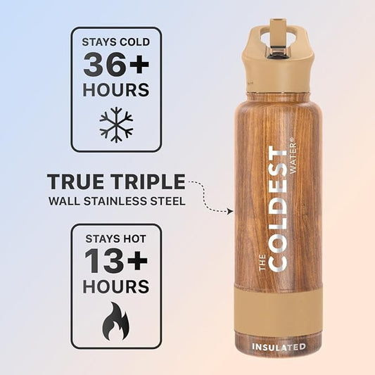 Coldest Sports Water Bottle with Straw Lid Vacuum Insulated Stainless Steel Metal Thermos Bottles Reusable Leak Proof Flask for Sports Gym (40 oz, Executive Wood)