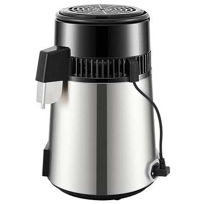 VEVOR Water Distiller, 304 Stainless Steel Countertop Water Stiller, 0.3Gal/H, 0-99H Timing Dual Temp Display, 1.1Gal Distilled Water Maker Machine, Glass Carafe, 3 Carbon Bags, Citric Acid Powder