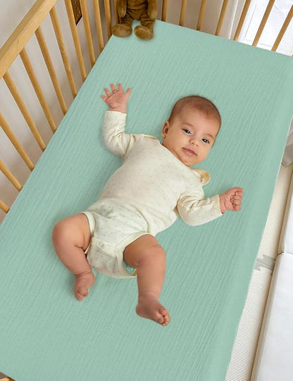 Sage Green Muslin Crib Sheets 28" x 52", 100% Cotton Baby Crib Sheet Neutral, Fitted Crib Mattress Sheets for Boy, Girl (46C-07)