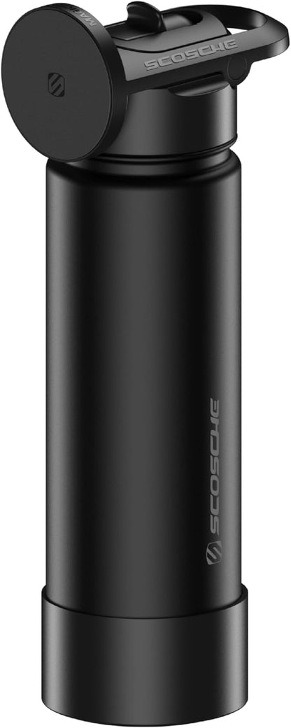Scosche MFMS22 MagicMount Flask 22oz Stainless Steel Hot & Cold Insulated Sport Water Bottle w/Magnetic Mount Tripod Phone Stand Compatible w/MagSafe iPhone for Cup Holder/Gym/Men/Women/Travel/Black