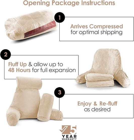 Nestl Reading Pillow Large Bed Pillow, Back Pillow for Sitting in Bed Shredded Memory Foam Chair Pillow, Reading & Bed Rest Pillows Beige Cream Back Pillow for Bed, Bed Chair Arm Pillow with Pockets