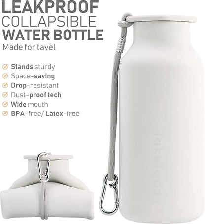 Collapsible Water Bottles 20 oz, Leak Proof, BPA Free Foldable Silicone Travel Water Bottle Cups for On The Go, Traveling, Outdoors, Ivory