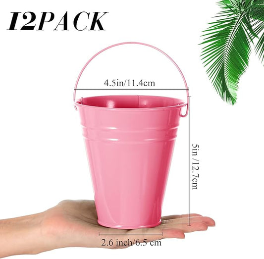 Sadnyy 12 Pack Metal Buckets with Handle, Galvanized Bucket 4.5 x 5 Inch Basket Bucket for Kids, Kids Party Supplies, Crafts for Christmas Halloween Christmas Candy Bars Vase Crafts(Pink)
