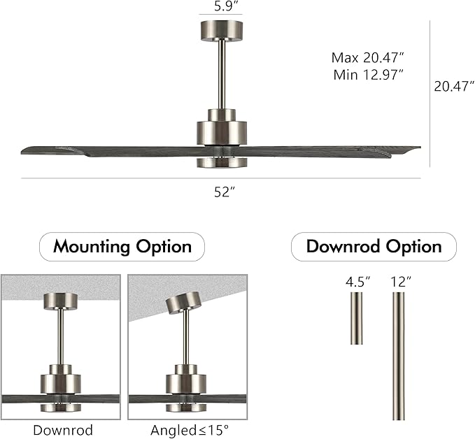 52" Modern Ceiling Fan with Lights and Remote Control, 5 Solid Wood Blades 6-Speed Noiseless Reversible DC Motor, Ceiling Fan for Bedroom Dinning Living Room, Nickel Finish with Wood Blades