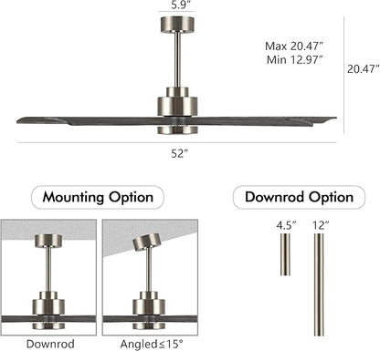 52" Modern Ceiling Fan with Lights and Remote Control, 5 Solid Wood Blades 6-Speed Noiseless Reversible DC Motor, Ceiling Fan for Bedroom Dinning Living Room, Nickel Finish with Wood Blades