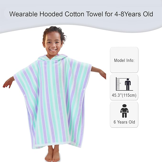 VOOVA & MOVAS Poncho Towels for Kids Absorbent - (4-8Years) - Quick Dry Lightweight Cotton Hooded Towel Robe for Pool | Swim | Beach | Bath, Aqua Purple Stripe