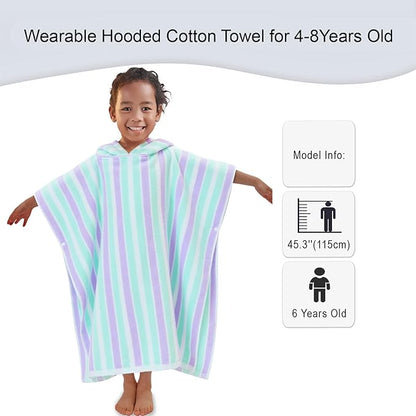 VOOVA & MOVAS Poncho Towels for Kids Absorbent - (4-8Years) - Quick Dry Lightweight Cotton Hooded Towel Robe for Pool | Swim | Beach | Bath, Aqua Purple Stripe