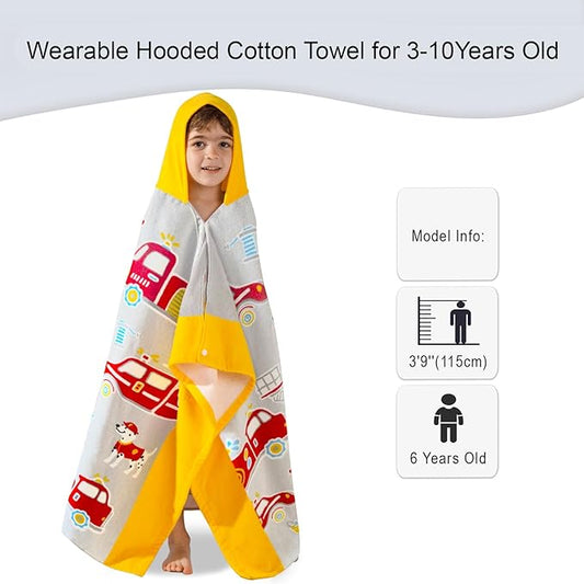 VOOVA & MOVAS Kids Bath Towels for Boys, Ages 3-10 | Soft Thick Absorbent Cotton, Beach | Pool | Bath Hooded Towels, Yellow Fire Truck
