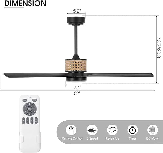 52" Ceiling Fan with Light and Remote, 3 Solid Wood Blades, Noiseless Reversible DC Motor Ceiling Fan with 4.5"/12" Downrods for Bedroom/Living Room/Porch (Black)