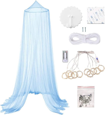 Eimilaly Bed Canopy Mosquito Net with 250pcs Warm White Curtain Lights, Bed Canopy for Girls Room Decor or Theme Party, Blue/Warm White Lights