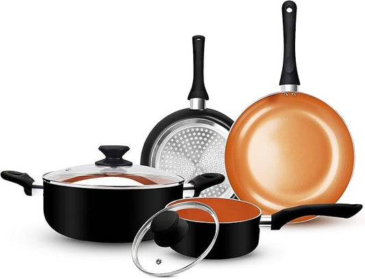 FRUITEAM 6pcs Cookware Set Ceramic Nonstick Soup Pot/Sauce Pan/Frying Pans Set, Copper Aluminum Pan with Lid, Induction Gas Compatible, Black