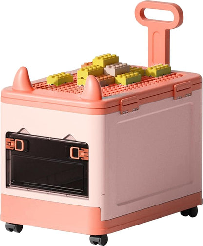 Collapsible Kids Storage Box with Building Base for Lego Toy Organizer Bins with Lids and Wheels Stackable Toys Chest Containers Building Block Bricks Storage Case for Children