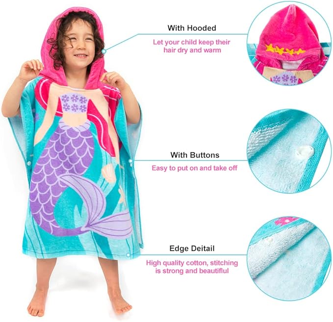 Toddler Hooded Beach Towel Coverup Cape Kids 100% Cotton Soft Quick Dry Absorbent Use for Swim Pool Bath Poncho Towels for 2 to 6 Years Old Children Size 24"x 47" in Full-Length (Fancy Mermai')