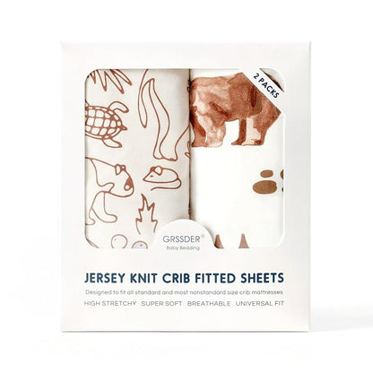 Stretchy Ultra Soft Jersey Knit Fitted Crib Sheets Set 2 Pack，Universal Fit All Standard Crib Mattress Pads Safe and Snug, Crib Fitted Sheet for Boys and Girls, Cute Animals Print