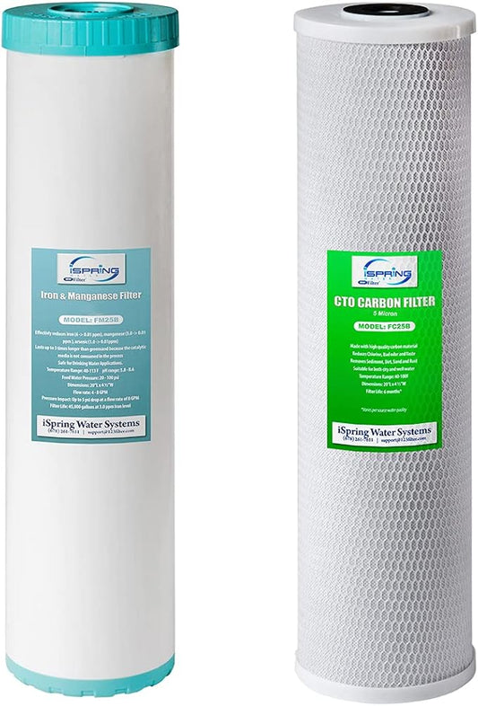 iSpring F2WGB22BM 4.5” x 20” 2-Stage Whole House Water Filter Set Replacement Pack with CTO Carbon Block and Iron & Manganese Reducing Cartridges, Fits WGB22BM, white