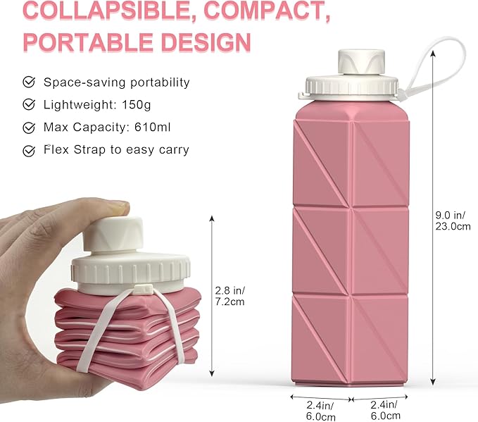 Collapsible Water Bottles, Silicone Foldable Portable Water Bottle 610ml, Lightweight Reusable Leakproof for Travel Camping Hiking Cycling Yoga Sports Outdoor