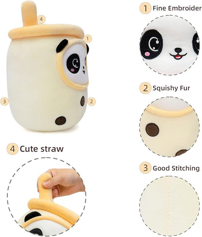 NiuniuDaddy Boba Plushies with Panda Face-13.7inches Large Yellow Cream Bubble Tea with Straw Stuffed Animals-Soft Kawaii Milk Tea Cup Plush Toy Pillow for Kids-Machine Washable,Medium