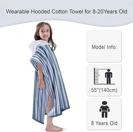 VOOVA & MOVAS Hooded Beach Towels for Boys| Girls | Teens (8-16Years), 100% Cotton Thick Poncho Towel Robe for Kids, Perfect for Pool, Beach, Bath and Gifts, Grey Cabana Stripe Design