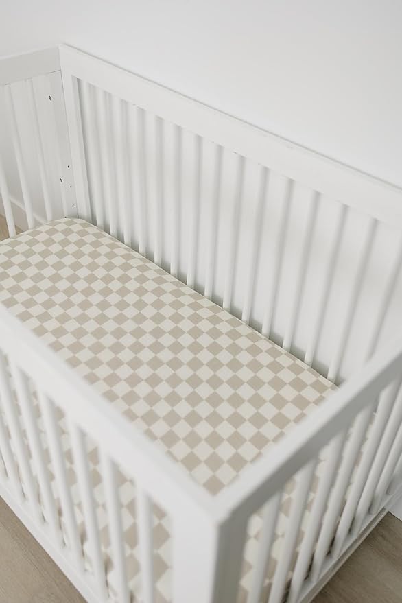 Taupe Checkered Muslin Crib Sheet by Mebie Baby, Soft and Breathable Bed Sheets for Babies, Modern Neutral Bedding for Cribs, Standard Crib Mattress Fitted Sheet, Great for Boy or Girl Room or Nursery