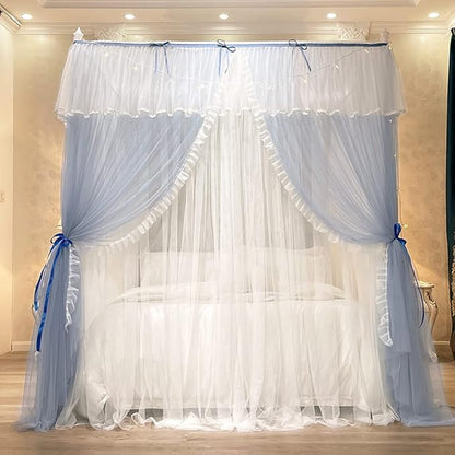 Mengersi Canopy Bed Curtains with Lights,4 Corner Bed Canopy Royal Luxurious Bed Drapes Netting,Princess Bed Curtains for Girls Adults Bedroom Decoration (Gray Blue, Queen)