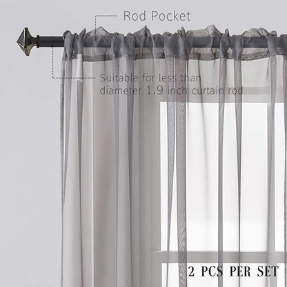 Gray Sheer Curtains 108 Inches long 2 Panels Grey Curtains 108 Translucent Voile Solid Color Window Treatment Rod Pocket Grey Drapes for Bedroom Living Room 2 Panels 52x108