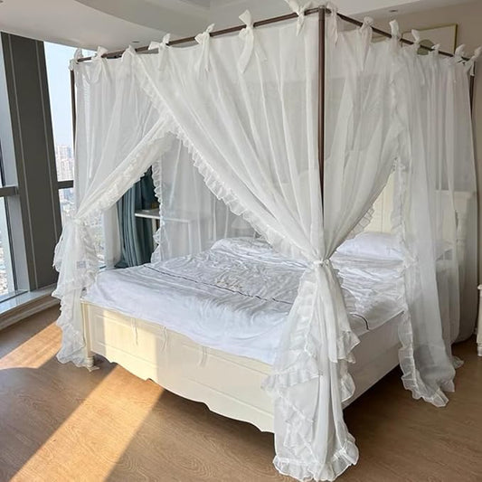 Elegant Princess 4 Corner Post Mosquito Net Romantic for Girls Women Bed Curtain Canopy for Adult Wedding Bedroom Kids Rooms Decoration (Type4-White, King)