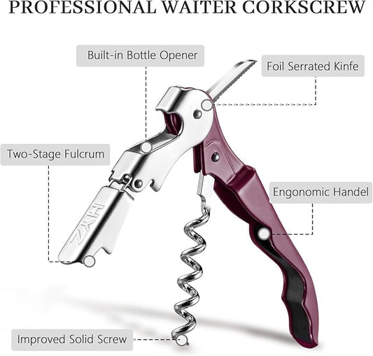 HYZ 2-Pack Wine Opener Waiter Corkscrew, Professional Wine Key for Servers, Bartender with Foil Cutter, Manual Wine Bottle Opener Double Hinged (Burgundy)