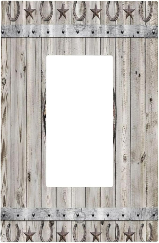 Rustic Western Wood Barn Door Horseshoe Iron Star 1 Gang Rocker Light Switch Covers Single Decora Outlet Wall Plate Decorative Switchplate Faceplate GFCI for Farmhouse Country Bedroom Decor