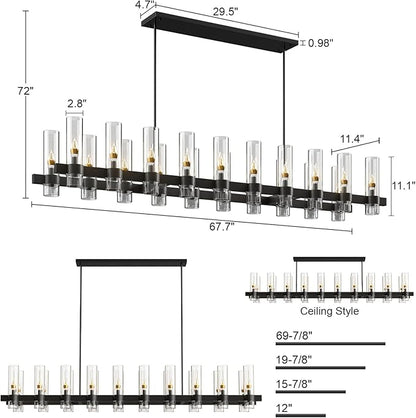 Black Kitchen Island Lighting-20-Light Linear Chandelier, Adjustable 67.7'' Modern Farmhouse Rectangle Pendant Light Fixtures, Dining Room, Bedroom
