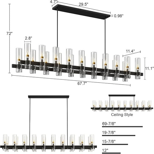 Black Kitchen Island Lighting-20-Light Linear Chandelier, Adjustable 67.7'' Modern Farmhouse Rectangle Pendant Light Fixtures, Dining Room, Bedroom