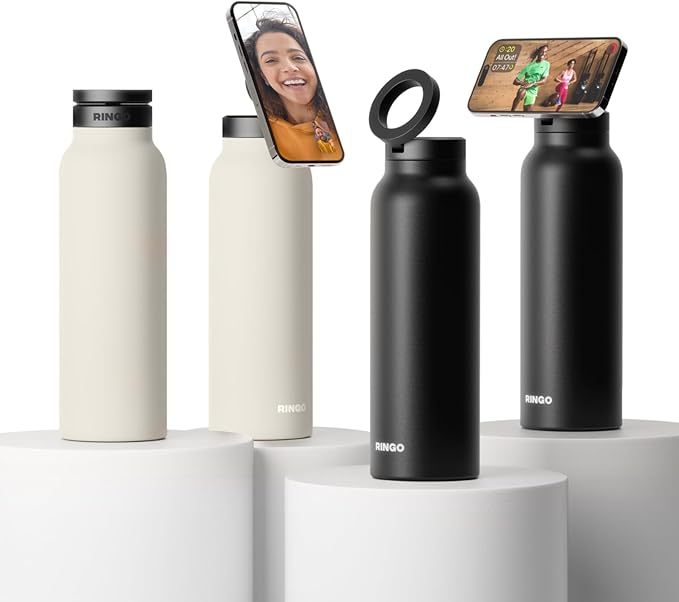 Ringo Insulated Water Bottle - Compatible MagSafe Water Bottle w/Phone Holder -Stainless Steel School Water Bottle w/Magnetic Phone Mount for Kids & Adult - Hot 12H, Cold 24H 360° Rotate -Ivory 32oz
