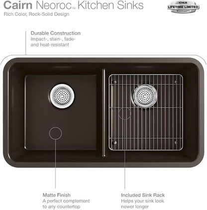 KOHLER K-8204-CM6 Cairn Sink, 33" Neoroc Composite Undermount Double-Bowl Kitchen Sink, Composite Kitchen Sink with Sink Rack, Matte White