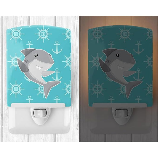 Caroline's Treasures BB6940CNL Shark on Blue Nautical Ceramic Night Light Compact, UL-Certified, Ideal for Bedroom, Bathroom, Nursery, Hallway, Kitchen, 6x4x3, Multicolor