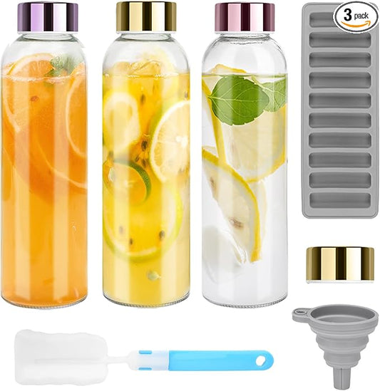 Glass Juice Bottles with Lids for Juicing 24 oz, Reusable Clear Glass Water Bottles with Stainless Steel Airtight Cap for Refrigerator, 100% Leak Proof, BPA Free, ECO Friendly, Set of 3