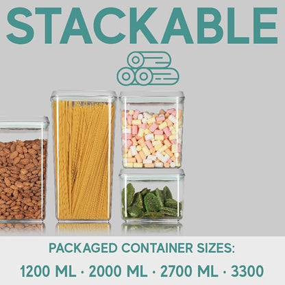 BopTop (4pc Set) Airtight Food Storage Container – Mechanical Silicone Seal Canister - BPA-Free Stackable - 1.3Qt/2.1Qt/2.8Qt/3.5Qt