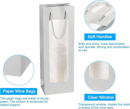 uxcell Wine Bags, 12pcs 4.92"x3.35"x14.2" Wine Gift Bags with Rope Handles, Paper Wine Tote Bag with Clear Window for Wedding Birthday Christmas Party Supplies, Silver