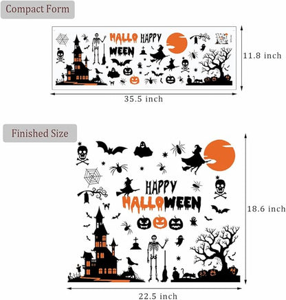 Happy Halloween Witch Wall Decals Halloween Moon Bat Wall Stickers Witch Bats Spiders Pumpkin Lantern Cat Halloween Window Decals Party Decorations.