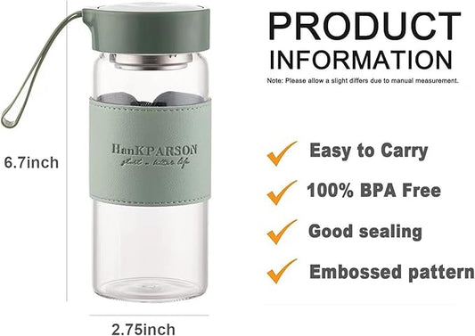 Glass Water Bottles 16 Oz Borosilicate water bottle-with sealing cap and Holsters and filters - BPA free,Men and Women Portable Glass Bottle (Green)
