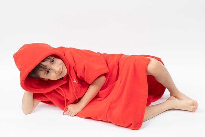 Cotton/Microfiber Kids Surf Poncho, Wetsuit Changing Towel Bath Robe with Hood and Pocket for Ages 3-7 and 8-12 (Coral Red, 8-12 Years)