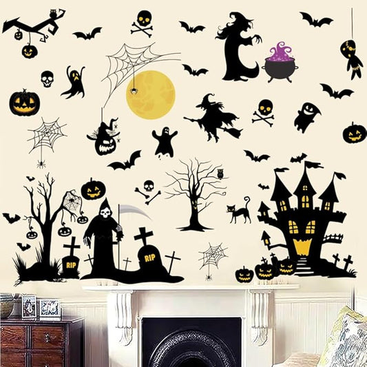 Halloween Witch Wall Decals Halloween Moon Bat Wall Stickers Happy Halloween Wall Decor Peel and Stick Vinyl Bat Ghost Spider Pumpkin Wall Art for Halloween Party Supplies.