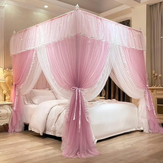 Mengersi Canopy Bed Curtains with Lights,4 Corner Bed Canopy Royal Luxurious Bed Drapes Netting,Princess Bed Curtains for Girls Adults Bedroom Decoration (Pink, Queen)