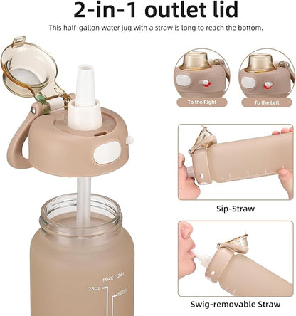 SIEROZUR 32 oz Glass Water Bottle with Straw and Handle Large Sports Motivational Water Bottle with Locking Lid and Time Marker Leakproof Water Jug for Daily Hydration Intake BPA Free