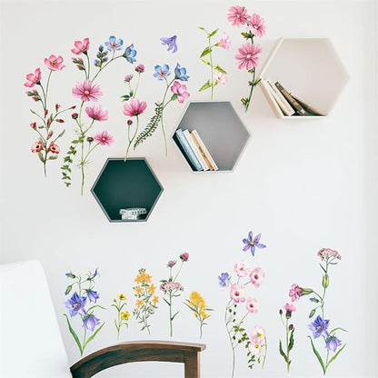 Flower Wall Decals Vinyl Colorful Vines Wall Stickers Peel and Stick Green Plants Leaves Wall Decor Removable Floral Wall Murals for Nursery Girls Bedroom Living Room Kitchen Classroom