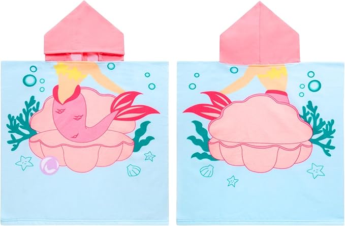 Kids Blue Mermaid Hooded Beach Towel Girls Cute Poncho Pool Towels with Hood 24*47 in Soft Microfiber Swim Cover-ups Kids Ages 3-10 Thick Absorbent Cotton Hooded Bath Towel Wrap Bathrobe