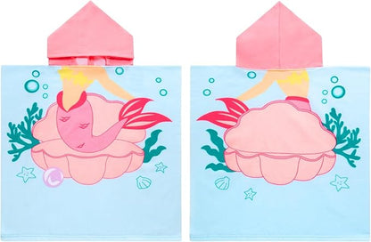 Kids Blue Mermaid Hooded Beach Towel Girls Cute Poncho Pool Towels with Hood 24*47 in Soft Microfiber Swim Cover-ups Kids Ages 3-10 Thick Absorbent Cotton Hooded Bath Towel Wrap Bathrobe